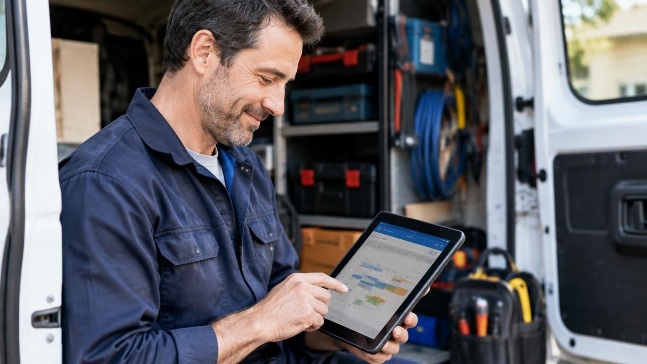 Artisan dans sa camionnette vérifiant son planning sur une tablette