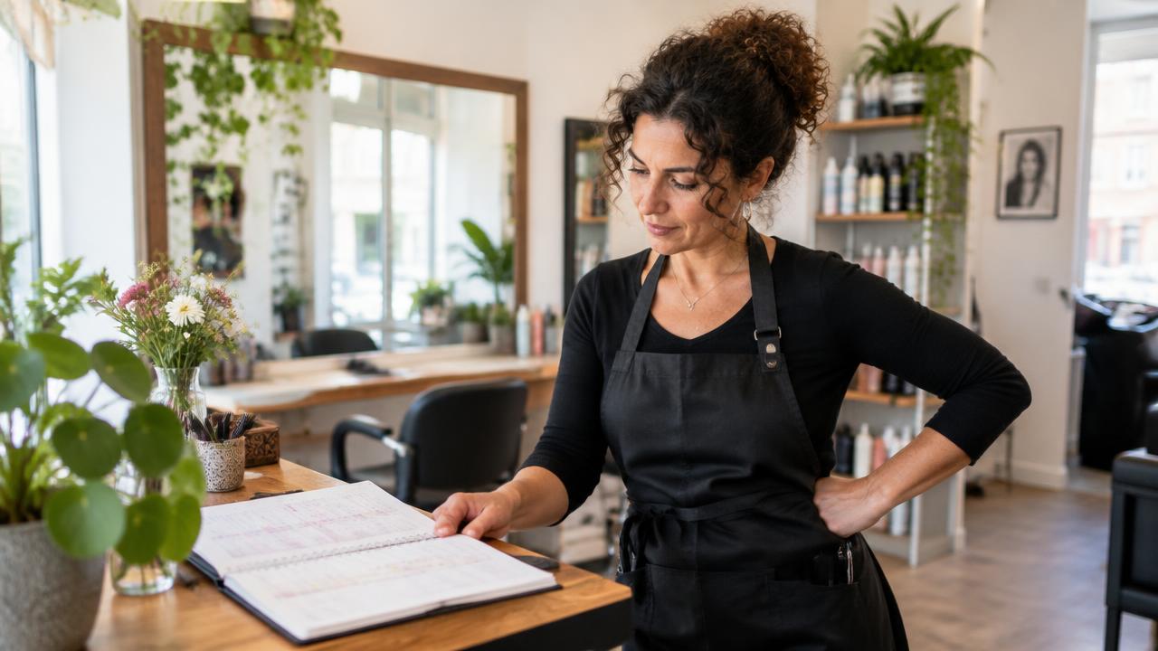 Boulangère fatiguée accoudée au comptoir de sa boutique après la fermeture