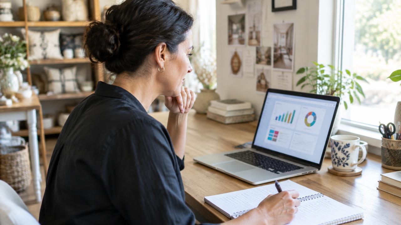 Dirigeante de petite entreprise devant son ordinateur, un carnet de notes à la main, tableau de bord simple à l'écran