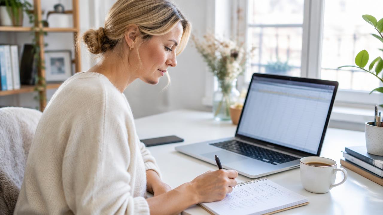 Graphiste freelance notant des calculs dans un carnet à côté de son ordinateur