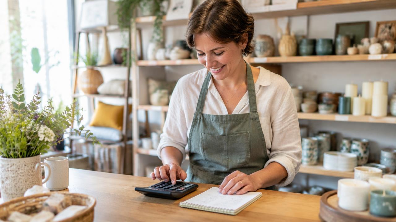 Menuisière dans son atelier vérifiant ses factures avec une calculatrice