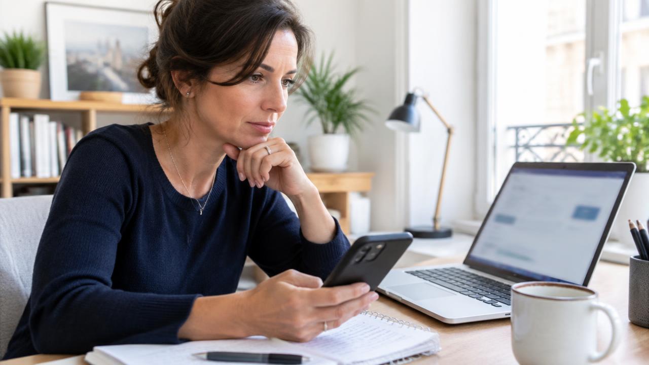 Consultante à son bureau comparant son ordinateur et son téléphone