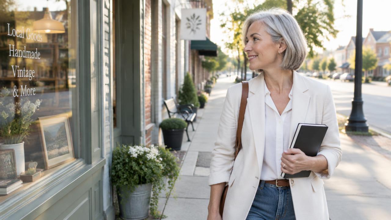 Entrepreneure qui marche devant sa boutique, carnet à la main, prenant du recul