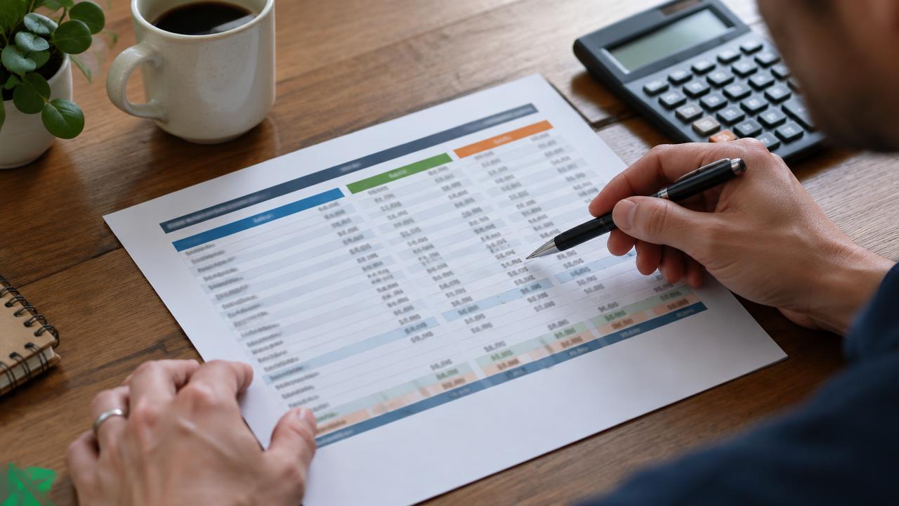Mains d'un dirigeant annotant un tableau de trésorerie imprimé à côté d'une calculatrice